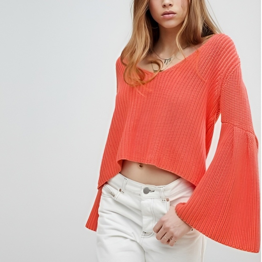 Free People Orange Coral Damsel Bell Sleeve Sweater Womens‎ XS V Neck